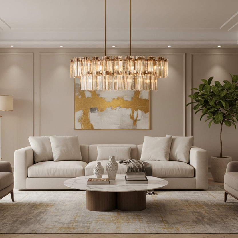 72" Delsie Oval Tiered Chandelier in Brass with Clear Glass